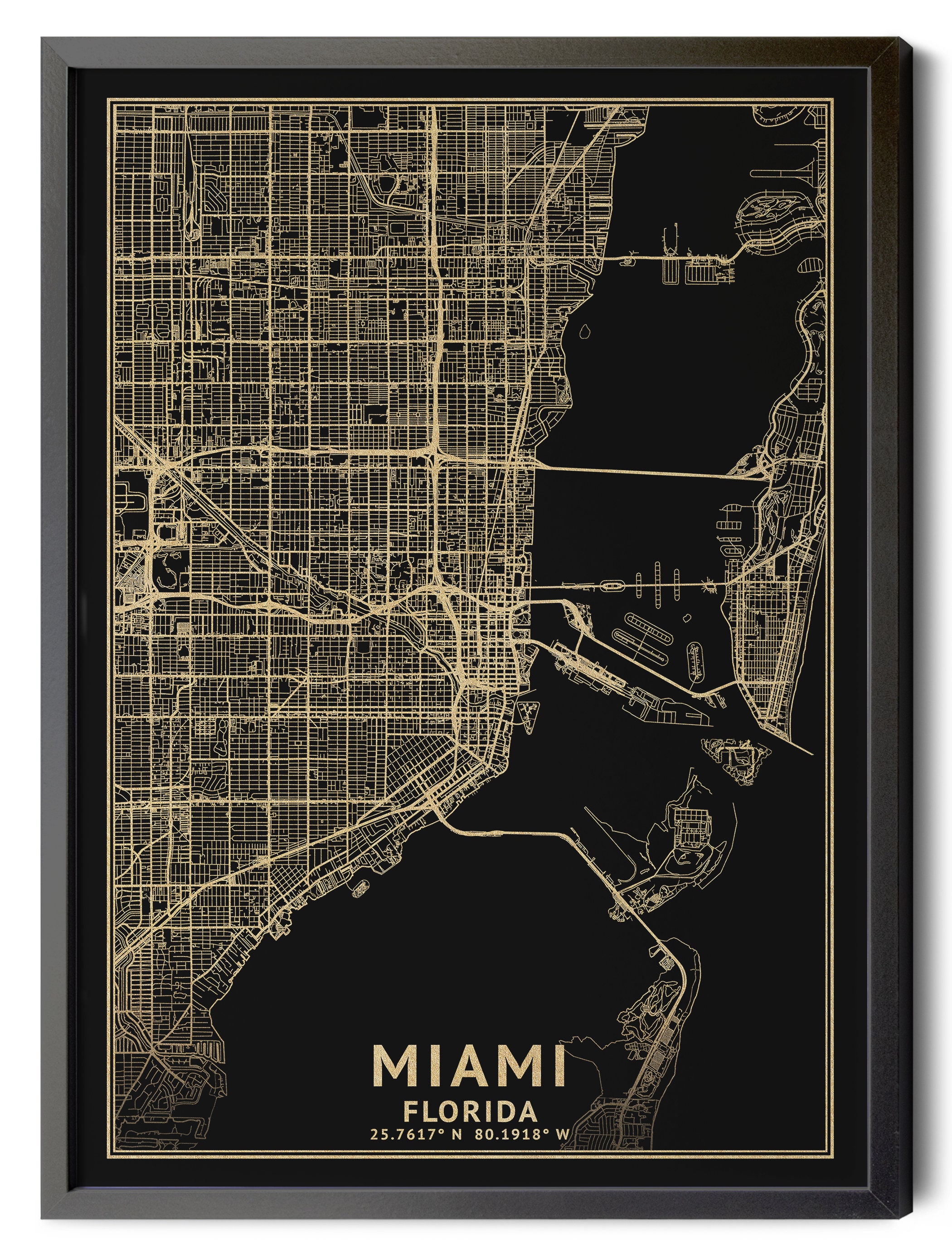 Miami Florida Map, Black, High Resolution Real Gold Leaf Texture ...