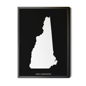 New Hampshire Map, Black and White, Inverted, Minimalist, New Hampshire Wall Art, Map of New Hampshire, NH Map, Silhouette, Printable