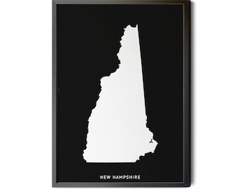 New Hampshire Map, Black and White, Inverted, Minimalist, New Hampshire Wall Art, Map of New Hampshire, NH Map, Silhouette, Printable
