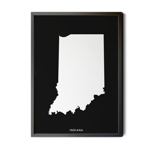 Indiana Map, Black and White, Inverted, Minimalist, Map of Indiana, Indiana Map Art, Indiana Map Print, State Map Art, Silhouette, Printable