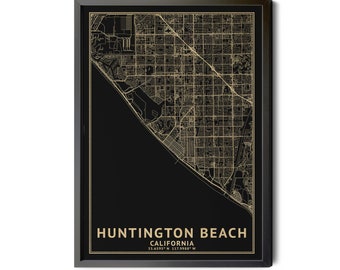 Huntington Beach California Map, Black, High Resolution Real Gold Leaf Texture, Coordinates, Huntington Beach CA, Perfect Details, Printable