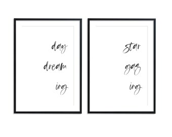 Calligraphy watercolor wall art (set of 2) Daydreaming, stargazing, word wall art, minimalist wall art, scandinavian decor. DIGITAL DOWNLOAD