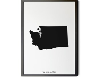 Washington Map, Black and White, Minimalist, Washington Wall Art, Washington Poster, Map of Washington, WA Map, State, Silhouette, Printable