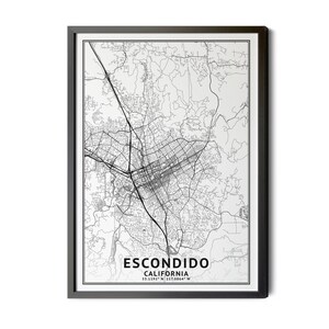 Escondido California Map, Black and White, Coordinates, Map of Escondido, Escondido CA, City Street Map, Map Art, Perfect Details, Printable