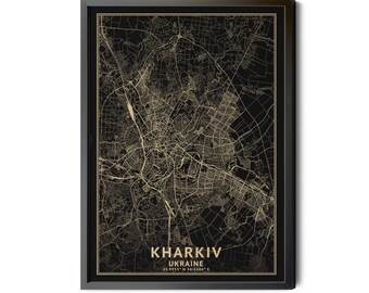 Kharkiv Ukraine Map (English), Black, High Resolution Real Gold Leaf Texture, Coordinates, Perfect Details, Printable