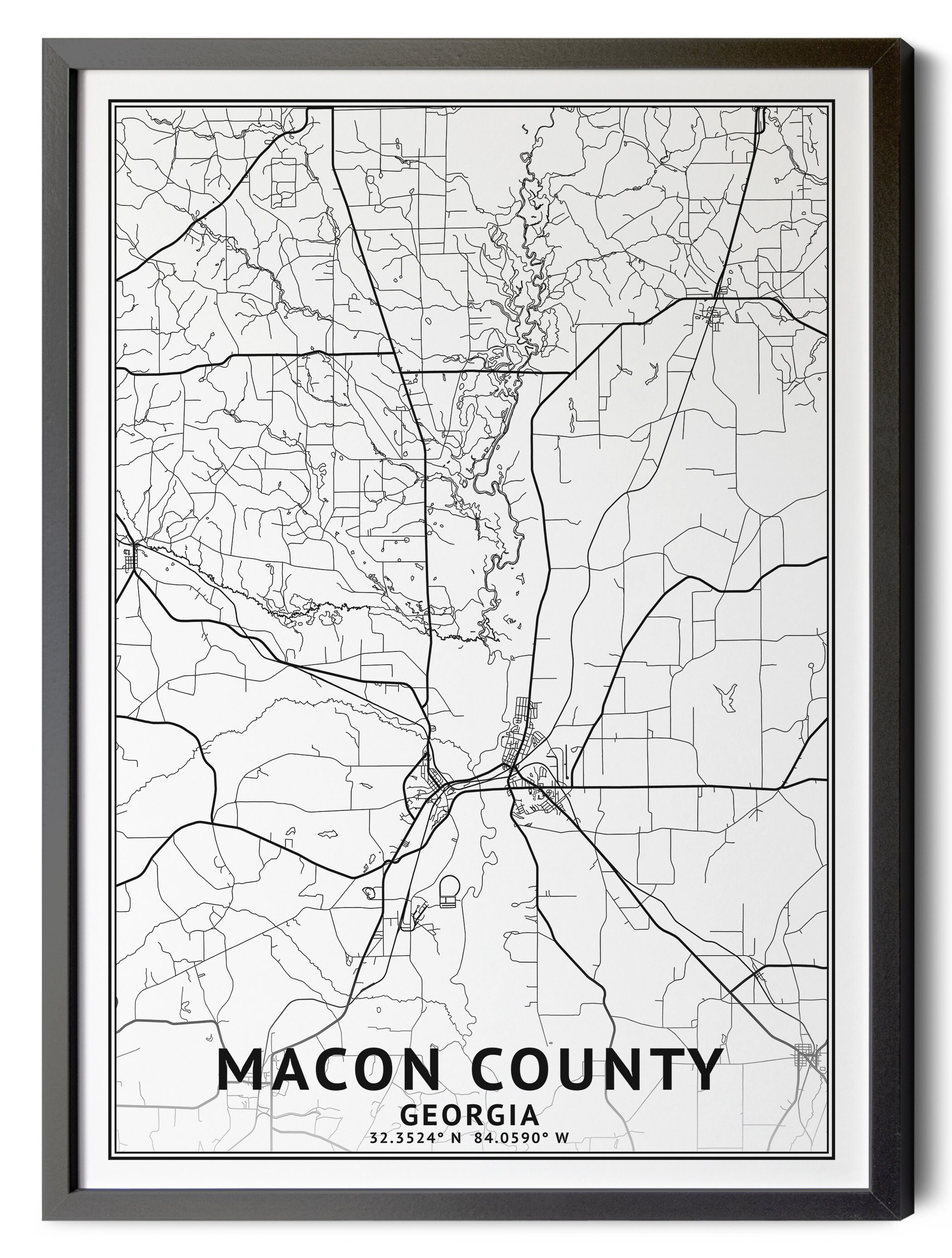 Macon County Map, Black and White, Coordinates, Map of Macon