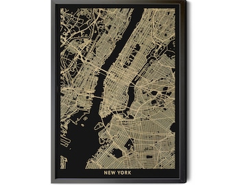 New York City Map, Black and Gold, High Resolution Real Gold Leaf Texture, New York City Poster, Map of New York, Street Map Art, Printable