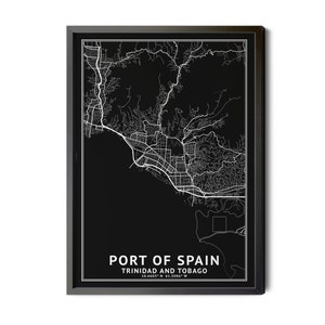 Port of Spain Trinidad and Tobago, Map, Black and White, Inverted, Coordinates, City Street Map, Map Art, Perfect Details, Printable