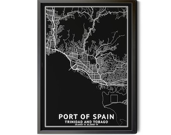 Port of Spain Trinidad and Tobago, Map, Black and White, Inverted, Coordinates, City Street Map, Map Art, Perfect Details, Printable