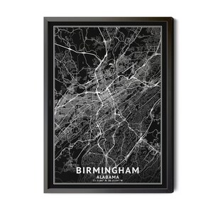 Birmingham Alabama Map, Black and White, Inverted, Coordinates, Map of Birmingham, Birmingham AL, City Map, Perfect Details, Printable