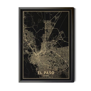 El Paso Texas Map, Black, High Resolution Real Gold Leaf Texture, Coordinates, Map of El Paso, El Paso TX, Perfect Details, Printable