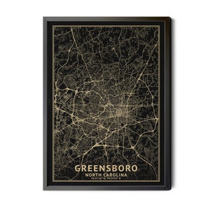 Greensboro North Carolina Map, Black, High Resolution Real Gold Leaf Texture, Coordinates, Map of Greensboro NC,  Perfect Details, Printable