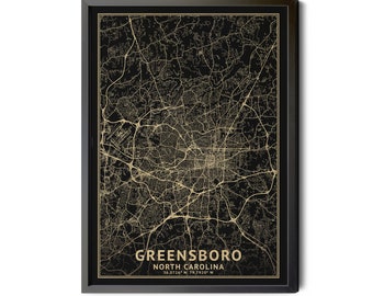 Greensboro NC Map Art: Gold Leaf Texture, Black (Printable)