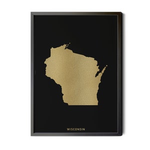 Wisconsin Map, Black, Gold Foil Texture, Wisconsin Wall Art, Wisconsin Poster, Map of Wisconsin, WI Map, State Map, Silhouette, Printable