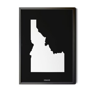 Idaho Map, Black and White, Inverted Black, Minimalist, Idaho State Map Wall Art, Idaho Map Print, Idaho Poster, Silhouette, Printable.