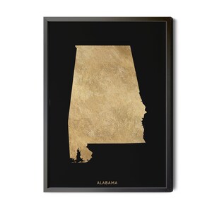 Alabama State Map, Black, High Resolution Real Gold Leaf Foil Texture, State Poster, Alabama Map Art, AL Wall Decor, Silhouette, Printable