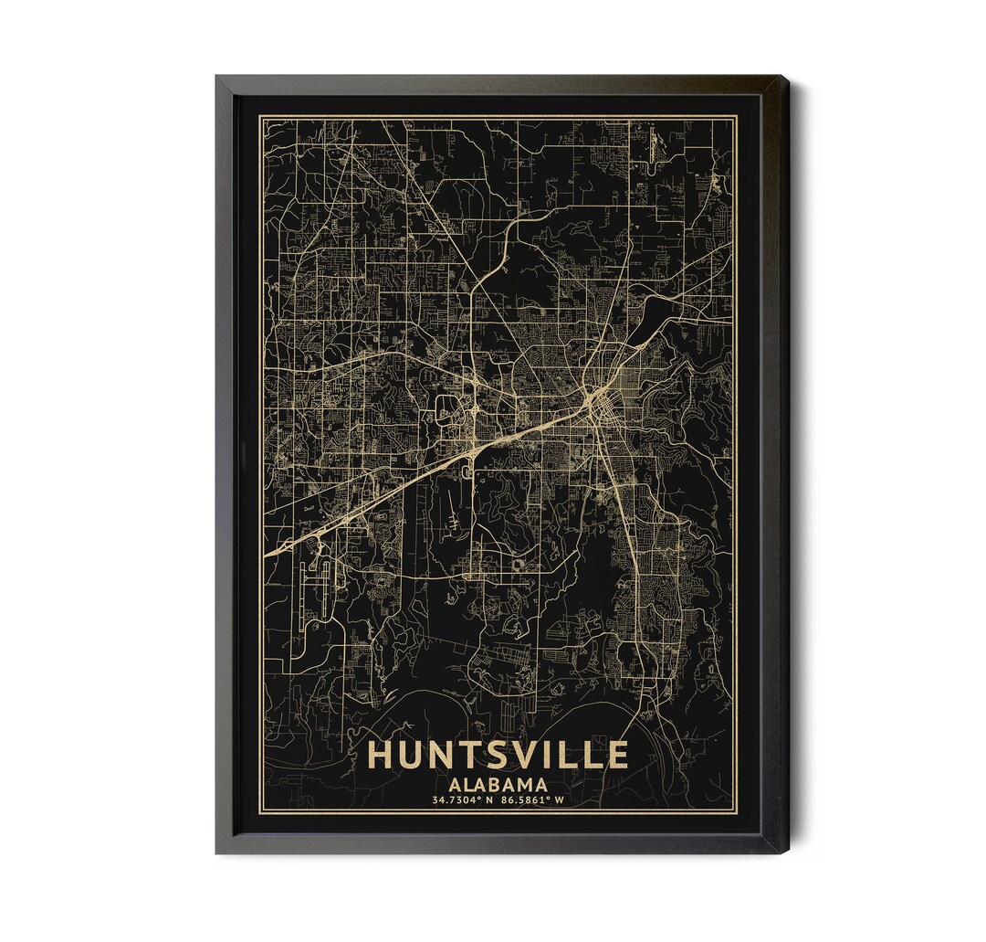 Huntsville Alabama Map, Black, High Resolution Real Gold Leaf Texture ...