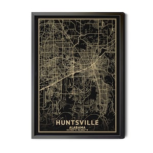 Huntsville Alabama Map, Black, High Resolution Real Gold Leaf Texture, Coordinates, Map of Huntsville AL, Perfect Details, Printable