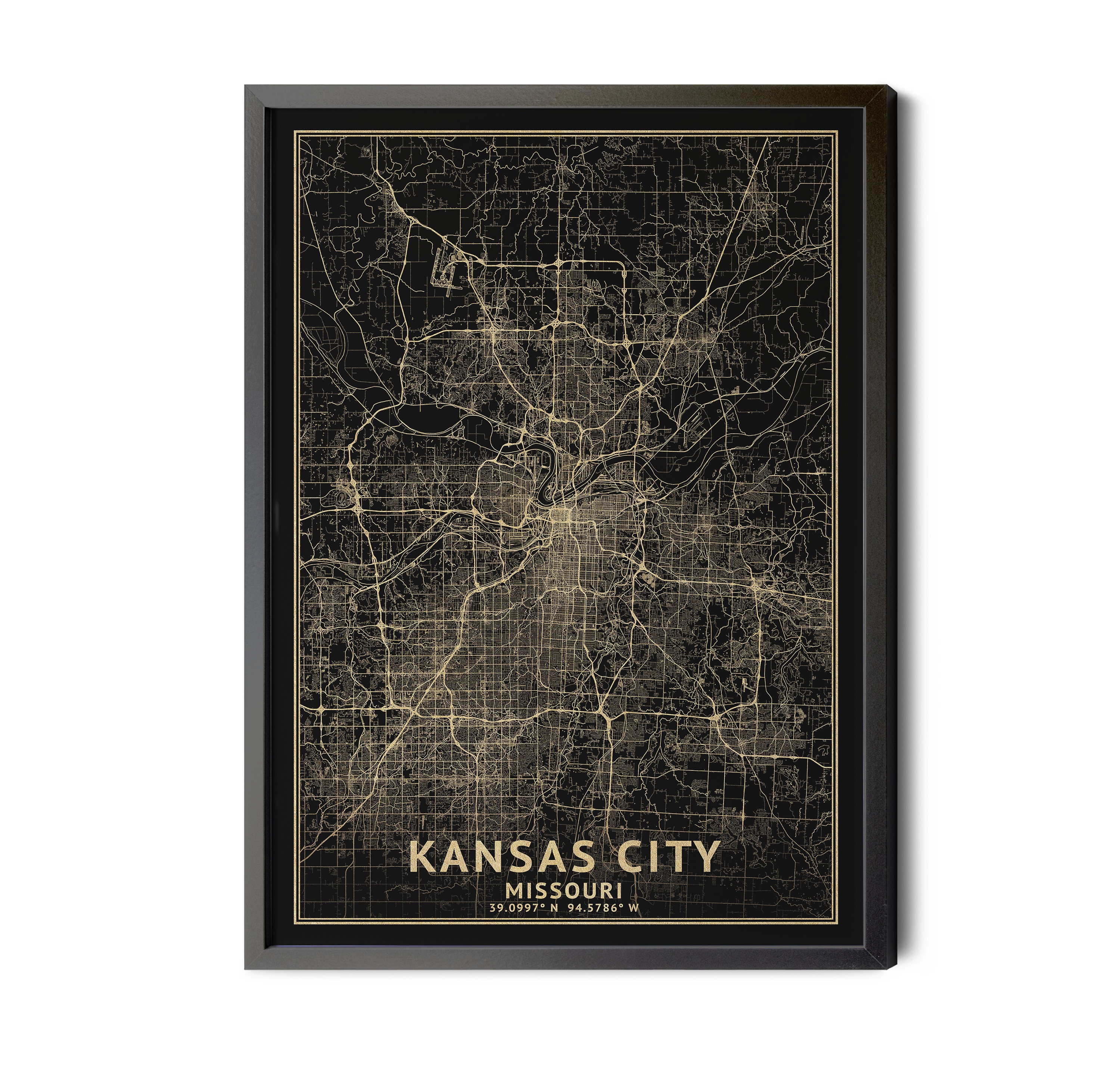 Kansas City Missouri Map, Black, High Resolution Real Gold Leaf Texture, Coordinates, Map of Kansas City MO, Perfect Details, Printable