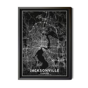 Jacksonville Florida Map, Black and White, Inverted, Coordinates, Map of Jacksonville, Jacksonville FL, City Map, Perfect Details, Printable