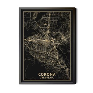 Corona California Map, Black, High Resolution Real Gold Leaf Texture, Coordinates, Map of Corona, Corona CA, Perfect Details, Printable