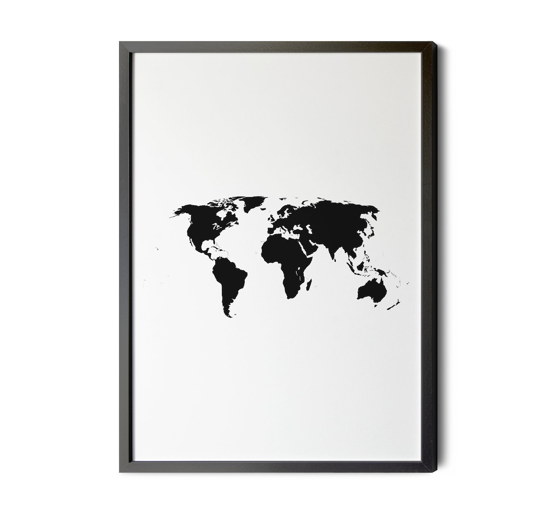World Map, Black and White, World Map Wall Art, Minimalist, Map of the World, Map Poster, Map