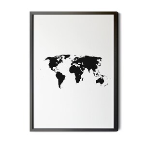 World Map, Black and White, World Map Wall Art, Minimalist, Map of The World, Map Poster, Map Print, Silhouette, Printable