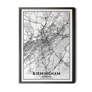 Birmingham Alabama Map, Black and White, Coordinates, Map of Birmingham, Birmingham AL, Map Art, City Street Map, Perfect Details, Printable