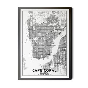 Cape Coral Florida Map, Black and White, Coordinates, Map of Cape Coral, Cape Coral FL, Map Art, City Map, Perfect Details, Printable