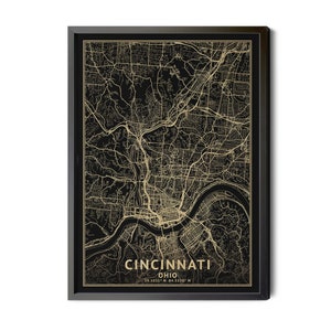 Cincinnati Ohio Map, Black, High Resolution Real Gold Leaf Texture, Coordinates, Map of Cincinnati OH, City Map, Perfect Details, Printable