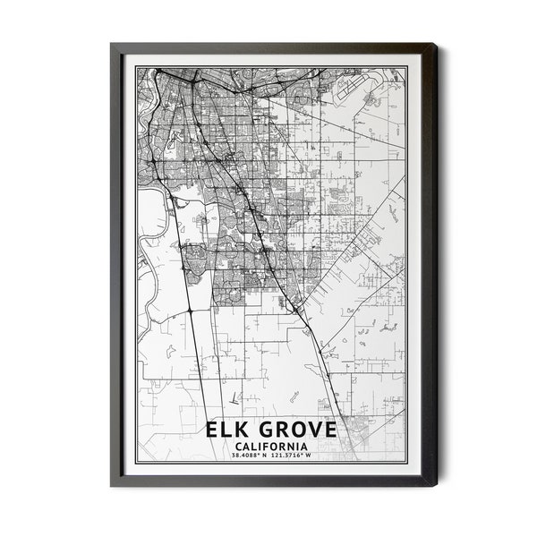 Elk Grove California Map, Black and White, Coordinates, Map of Elk Grove, Elk Grove CA, City Street Map, Map Art, Perfect Details, Printable