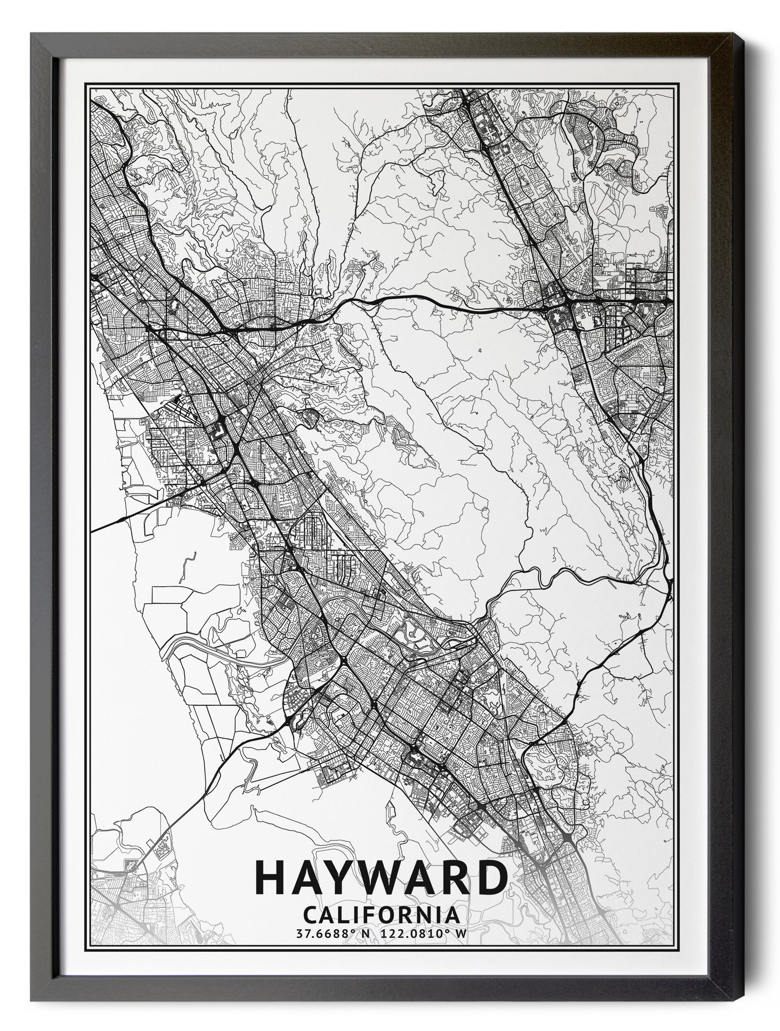 Hayward California Map, Black and White, Coordinates, Map of Hayward