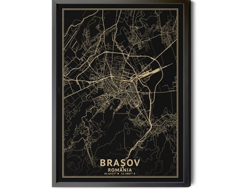 Brasov Romania Map Print, Real Gold Leaf Texture (Digital Download)