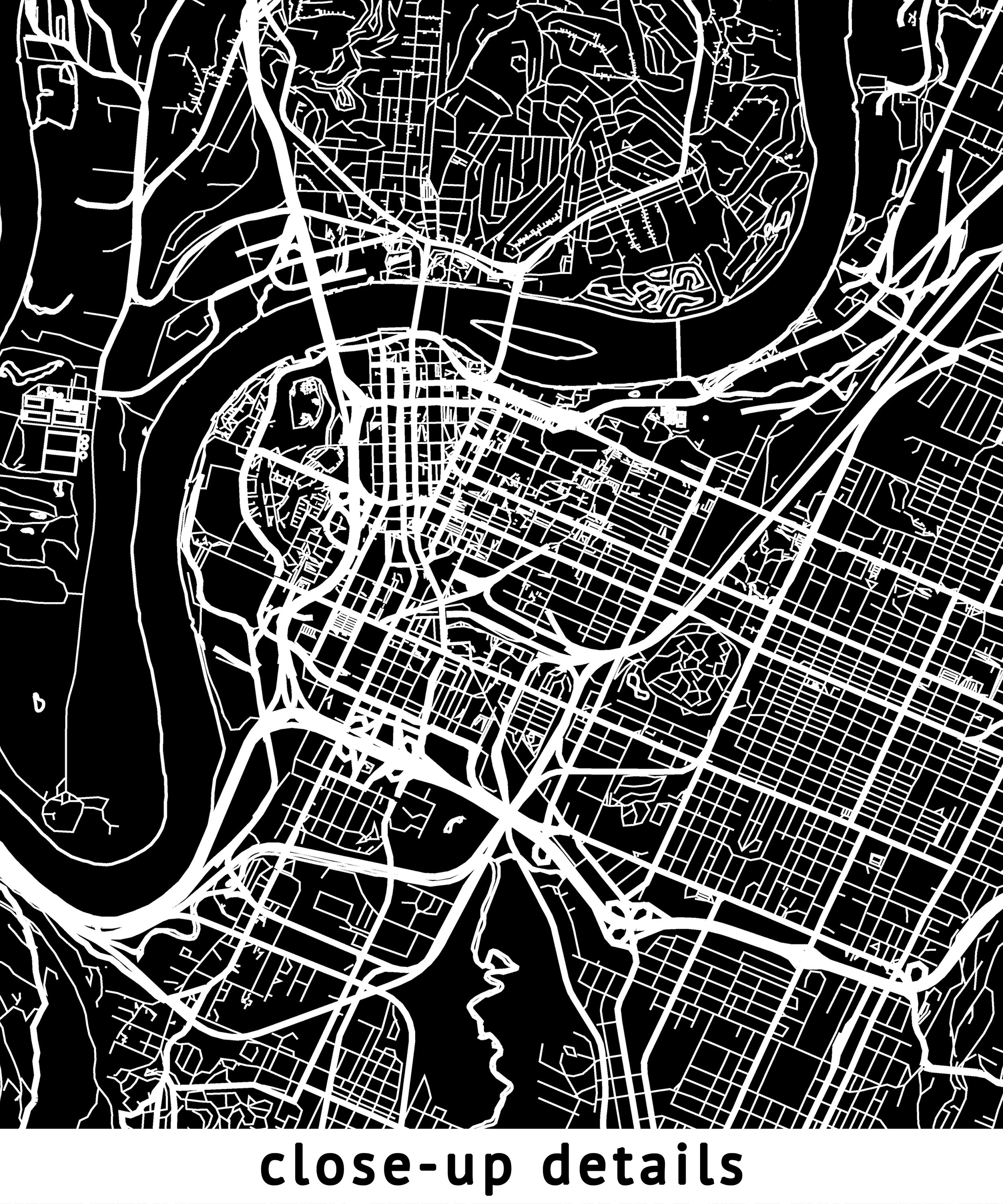 Chattanooga Tennessee Map, Black and White, Inverted, Coordinates, Map ...