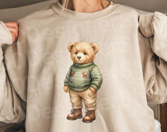Preppy Christmas Teddy Bear Sweatshirt, Retro Teddy Bear Holiday Crewneck, Aesthetic Winter Sweater, Cozy Festive Gift, Old Money Aesthetic