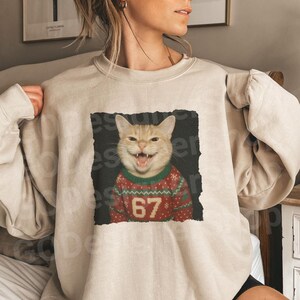 May include: Beige sweatshirt featuring a smiling orange tabby cat wearing a red and green Christmas sweater with the number 67. The cat is set against a black background within a rectangular frame.