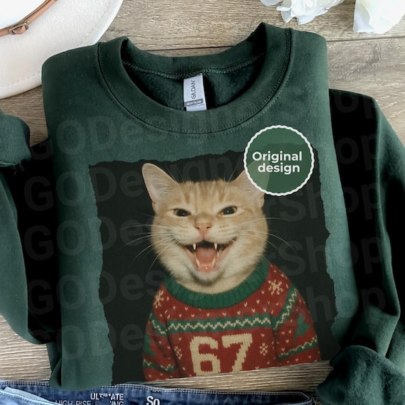 Funny Christmas Cat 67 Sweatshirt, Meme Holiday Crewneck, Retro Xmas Cat Sweater, Funny Festive Christmas Gift, Six Seven Holiday Tee