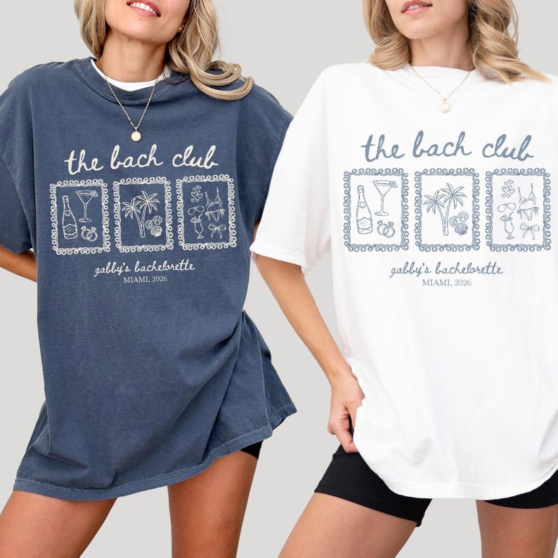 May include: Two t-shirts, one navy blue and one white, each with the text "the bach club" above three framed illustrations. Below, the text reads "gabby's bachelorette MIAMI, 2026". The illustrations include a bottle, cocktail glass, palm trees, and other party-themed graphics.