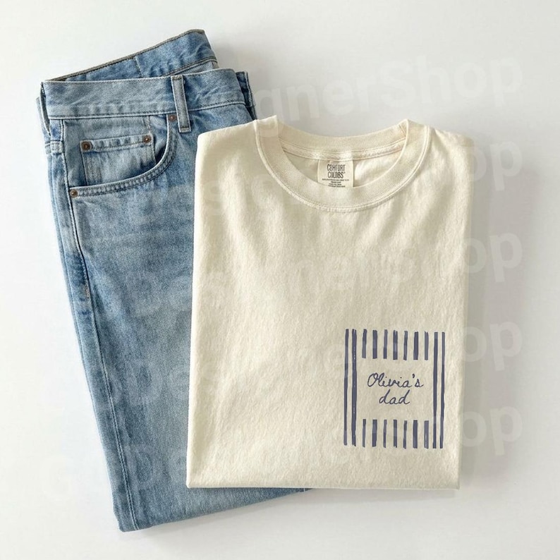 Personalized dad shirt with kid name on beige tee minimalist father design