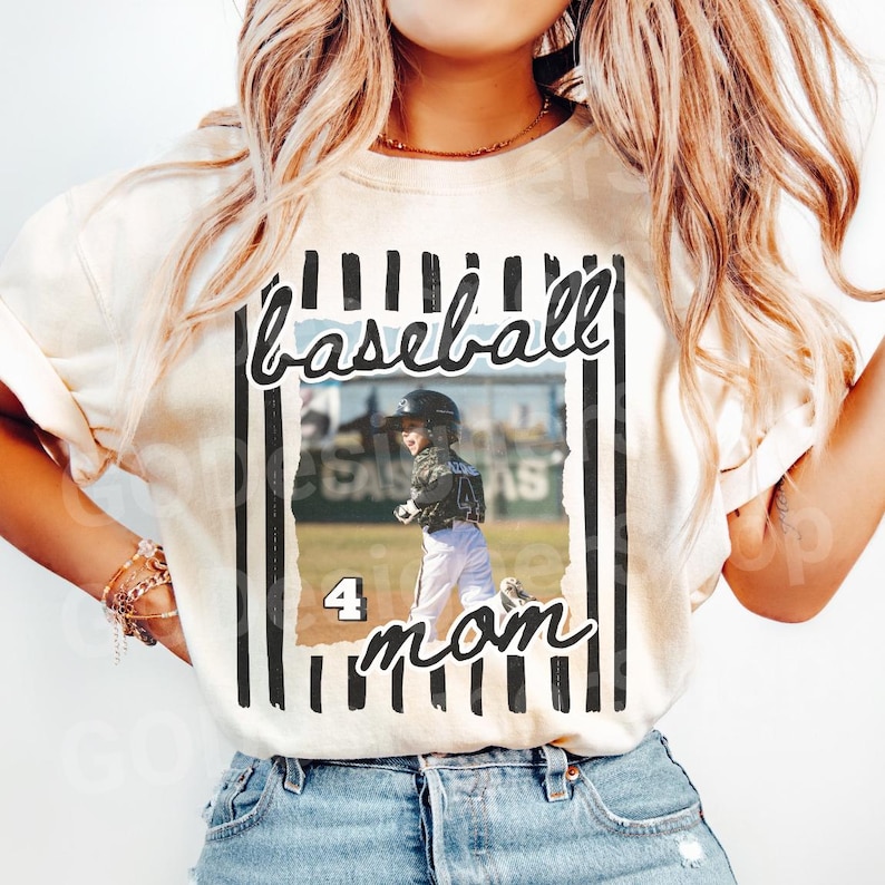 Personalized baseball mom shirt featuring a player photo with number, designed for game day outfit