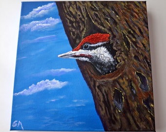 Pileated Woodpecker painting, acrylic painting 12x12