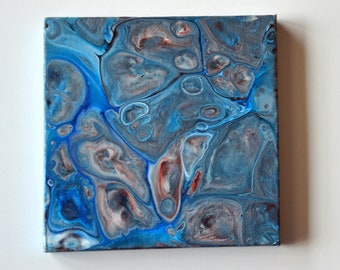 Painting, abstract blue and silver 4x4 with display easel