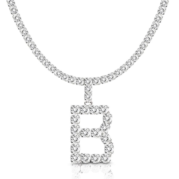 Personalized Initial Diamond Letter Pendant Necklace and Tennis Chain Choker Silver/White Gold/Platinum Tone Cubic Zirconia Bling 16 Inches