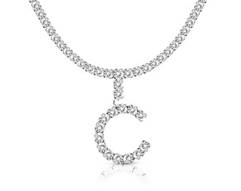 Personalized Initial Diamond Letter Pendant Necklace and Tennis Chain Choker Silver/White Gold/Platinum Tone Cubic Zirconia Bling 20 Inches