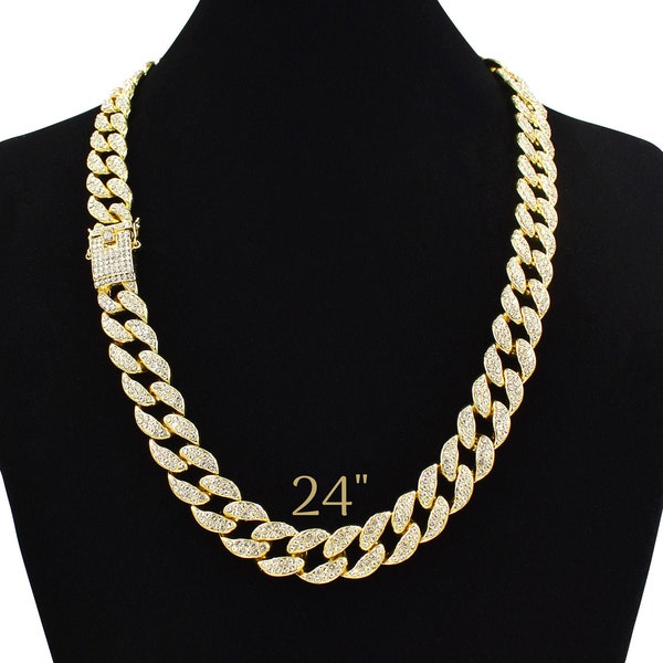 Cuban Link Chain Iced Out 15MM 18k Gold Plated Simulated Diamond CZ Pave | Choker | Necklace | Bracelet Gold Tone Hip Hop Bling