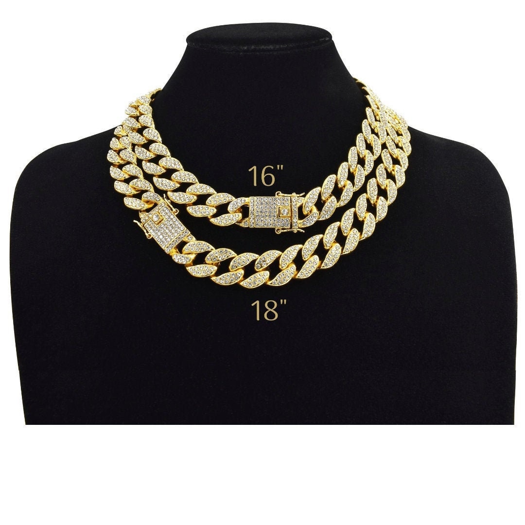 2 16 18 Cuban Link Chain Iced Out 15MM 18k Gold Plated Simulated Diamond CZ Pave Choker Necklace Bracelet Gold Tone Hip Hop Bling Etsy
