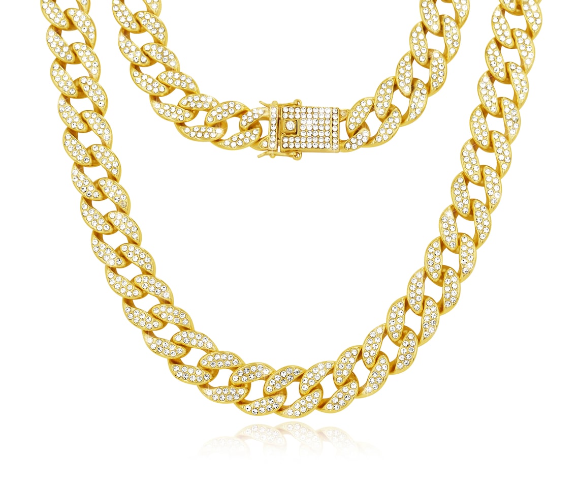 Cuban Link Chain Iced Out 15MM 18k Gold Plated Simulated Etsy