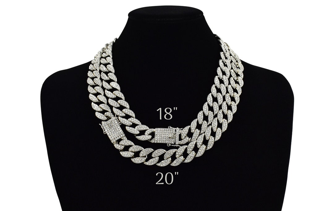 Two Cuban Link Chain Iced Out 15MM 18k Silver Plated Simulated Diamond