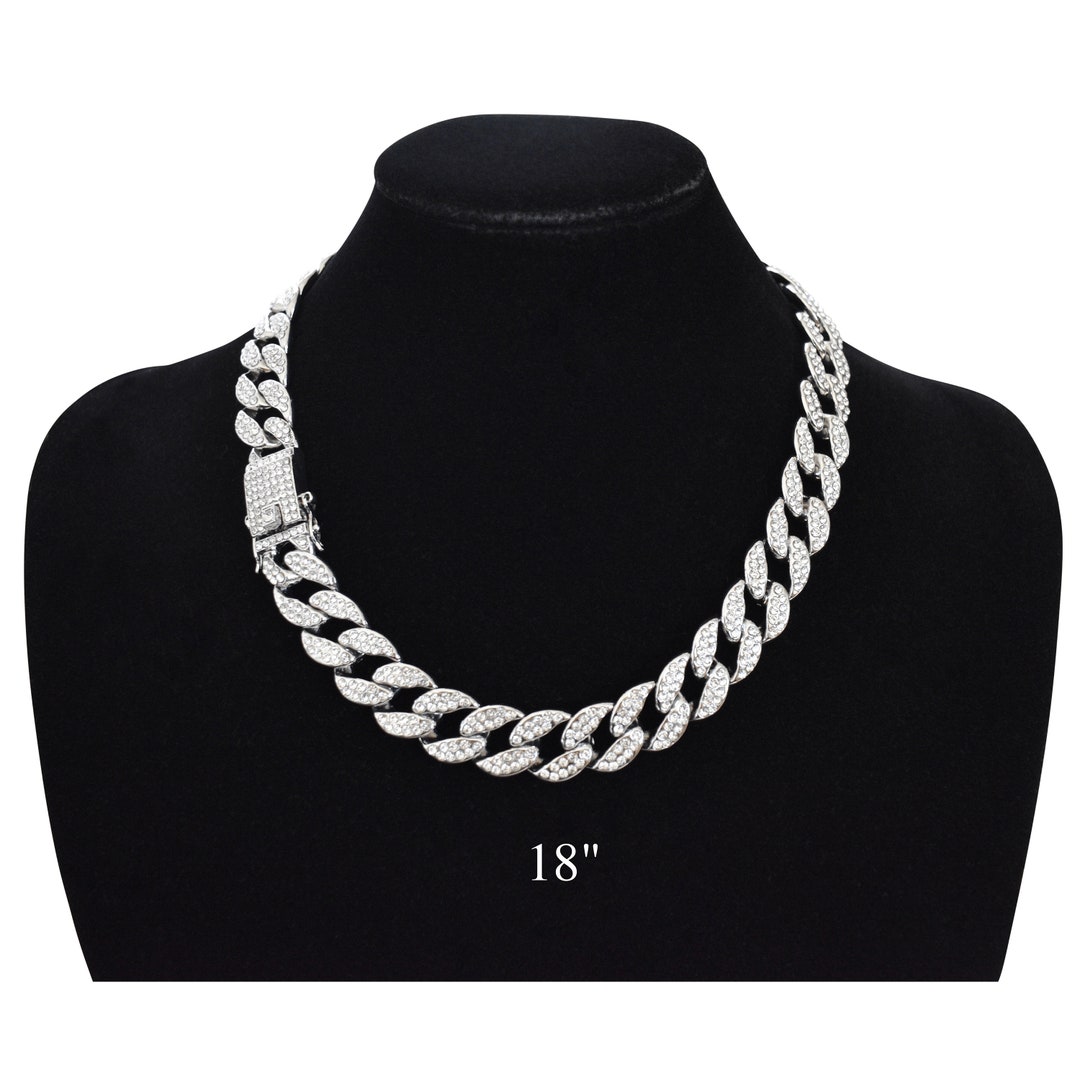 Cuban Link Chain Iced Out 15MM 18k Silver Plated Simulated Diamond CZ ...