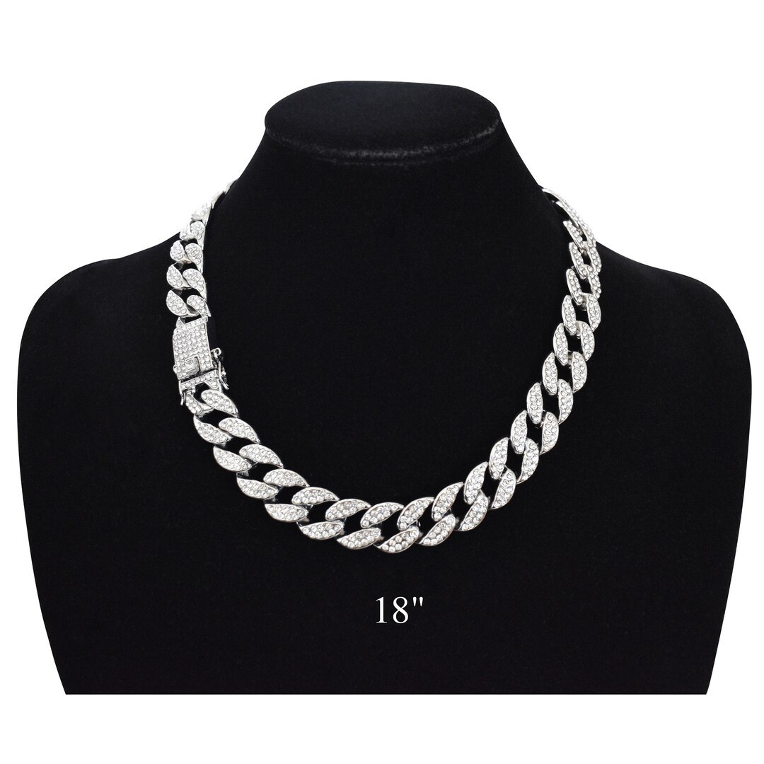 Cuban Link Chain Iced Out 15MM 18k Silver Plated Simulated Diamond CZ ...